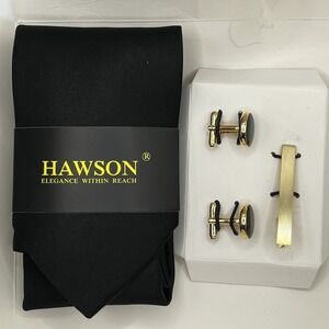 Hawson Black Tie With Gold Cuff Links And Tie Clip Jewelry Wedding Business New